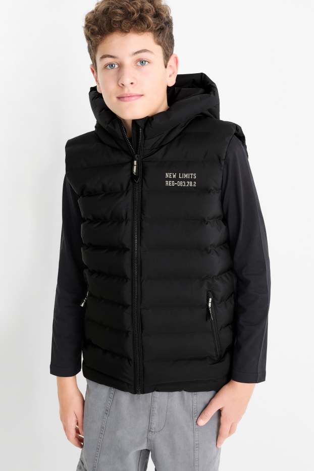 Kinderen: jongens - Bodywarmer met capuchon - waterafstotend - zwart