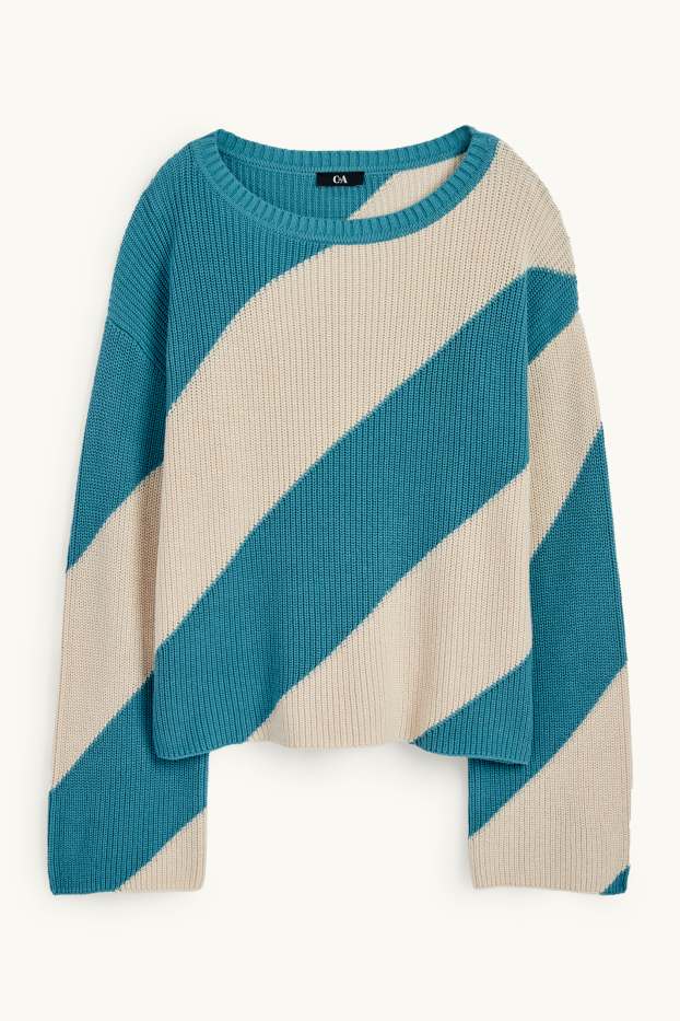 Women - Jumper - ribbed - striped - turquoise
