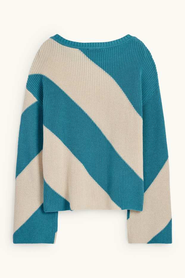 Women - Jumper - ribbed - striped - turquoise