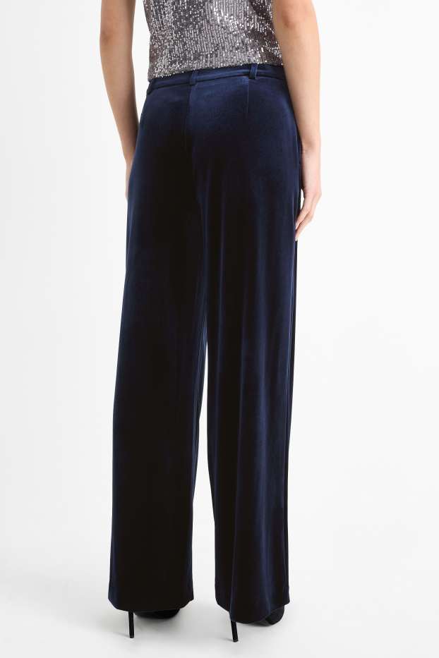 Women - Velvet business trousers - high waist - wide leg - dark blue