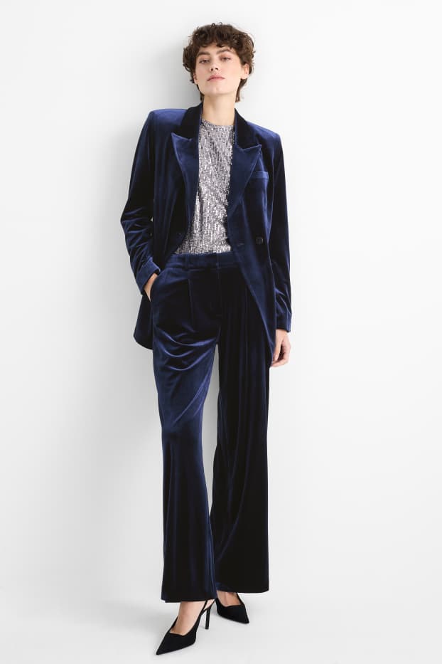 Women - Velvet business trousers - high waist - wide leg - dark blue