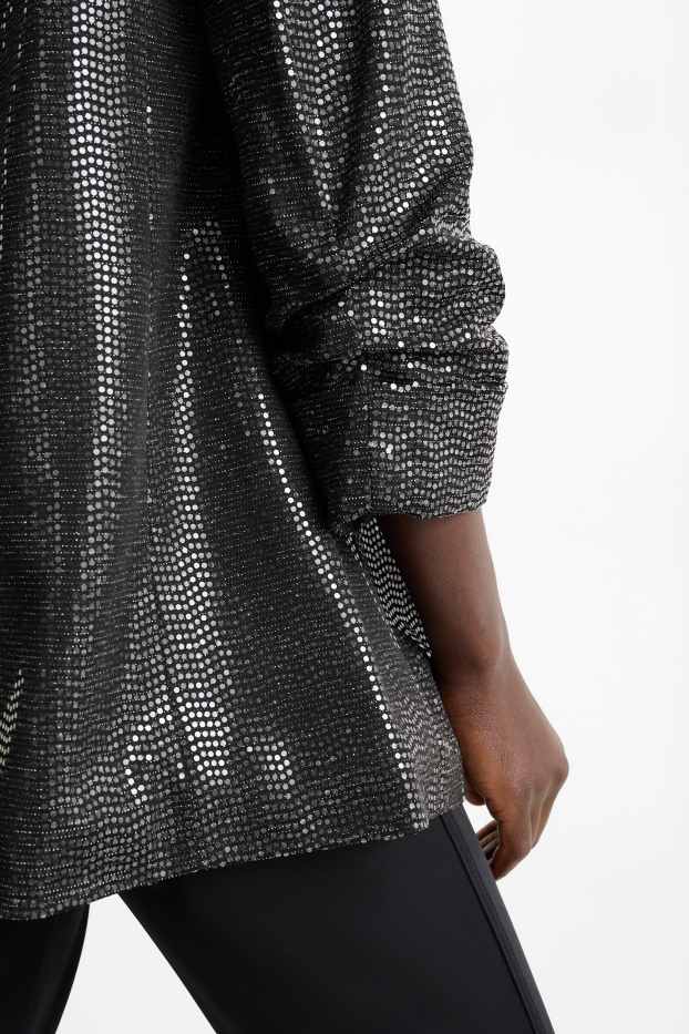 Damen - Pailletten-Longblazer - Relaxed Fit - schwarz