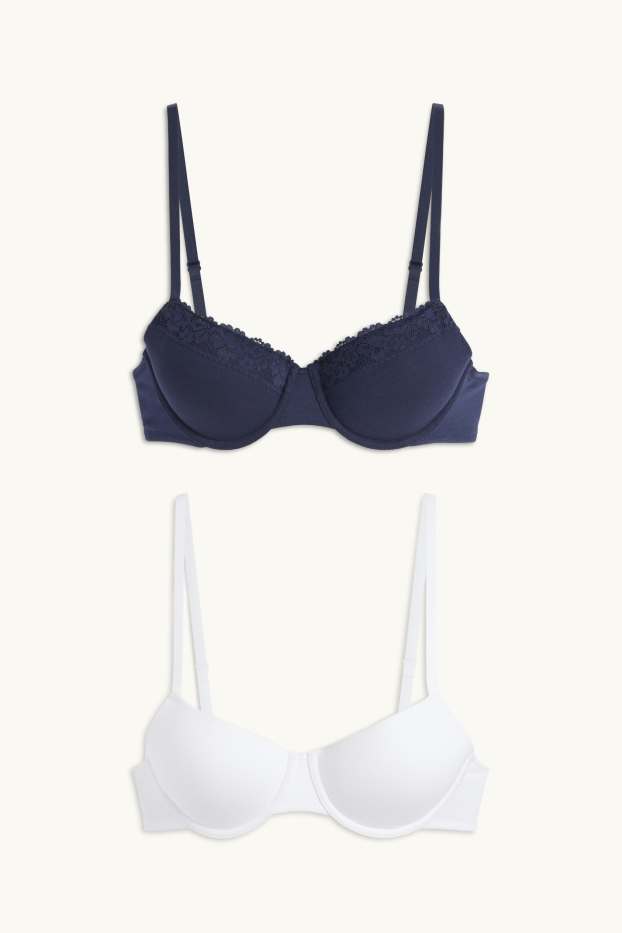 Donna - Confezione da 2 - reggiseno con ferretti - DEMI - imbottito - blu scuro / bianco