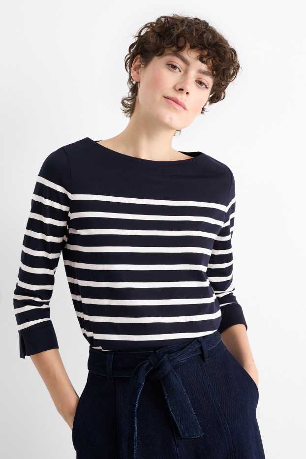 Damen - Basic-Langarmshirt - gestreift - dunkelblau