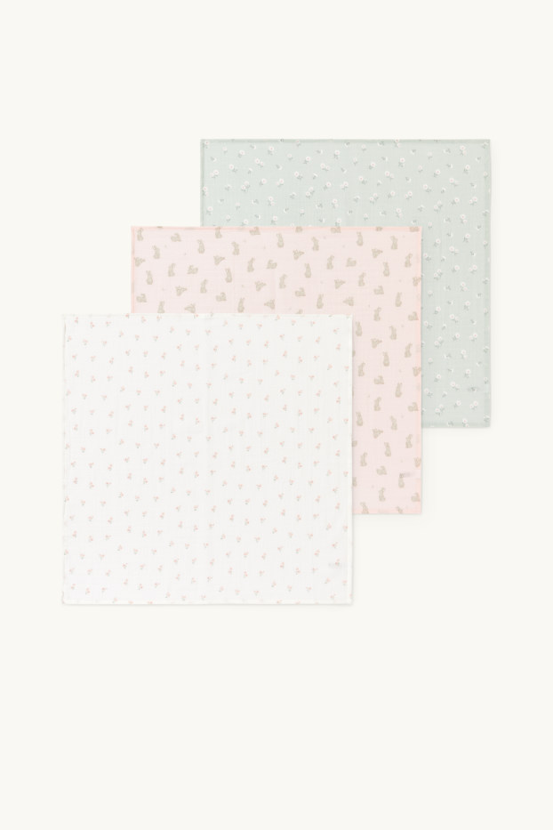 Baby Mädchen - Multipack 3er - Blümchen und Häschen - Baby-Musselin-Tuch - rosa