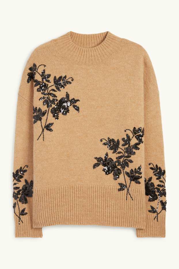 Damen - Pullover mit Stehkragen - Glanz-Effekt - geblümt - beige