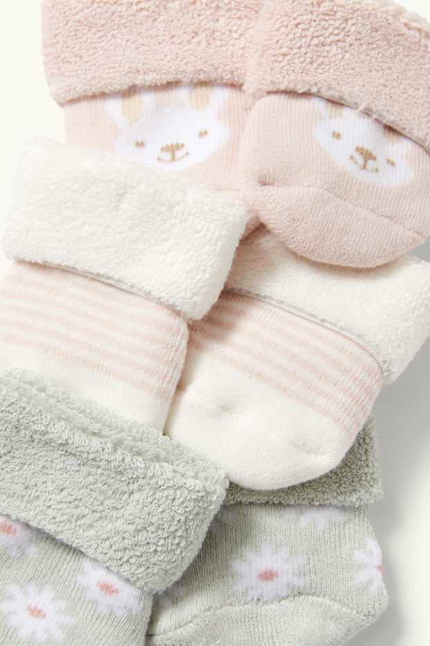 Miminka - dívky - Multipack 3 ks - květinový motiv a motiv zajíčka - ponožky pro novorozence - meruňková