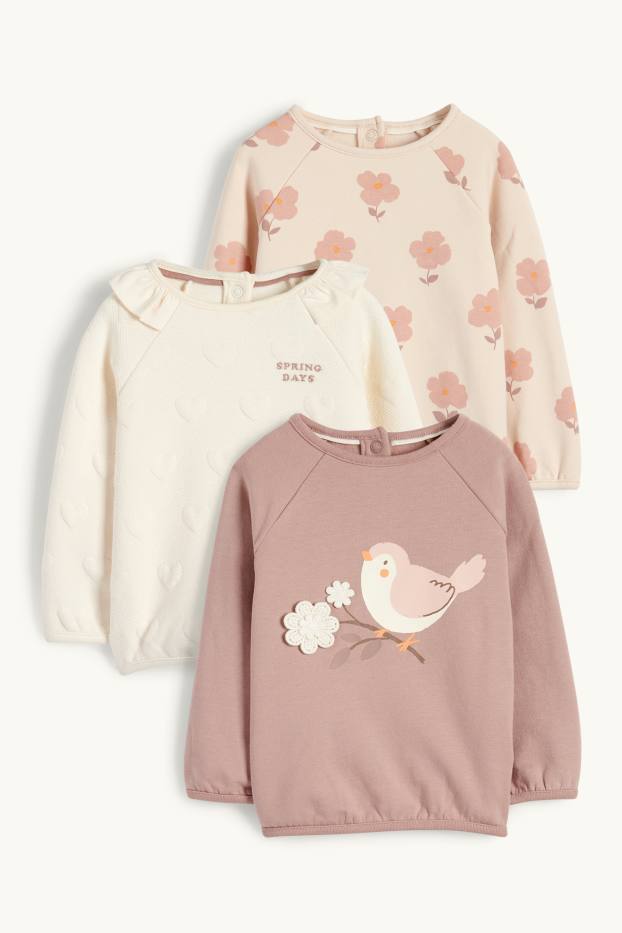 Bébés filles - Lot de 3 - petits fleurs et petits oiseaux - sweats bébé - rose foncé