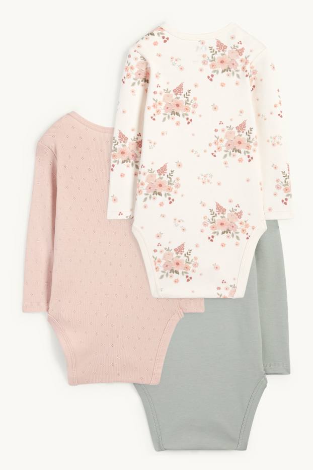 Bébés filles - Lot de 3 - petites fleurs et pandas - bodys bébé - beige clair