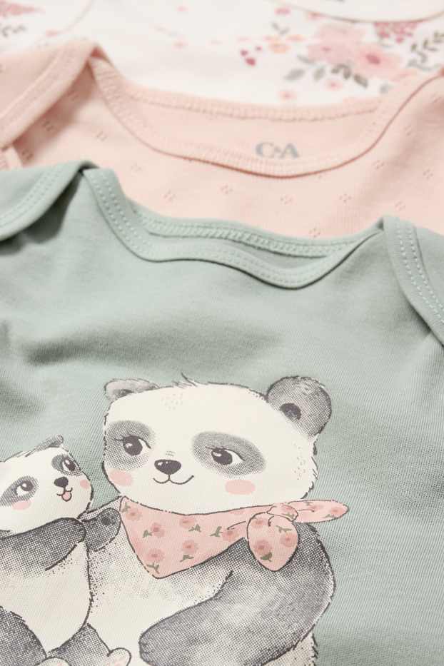 Bébés filles - Lot de 3 - petites fleurs et pandas - bodys bébé - beige clair