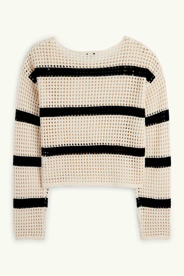 Women - Cropped jumper - striped - light beige
