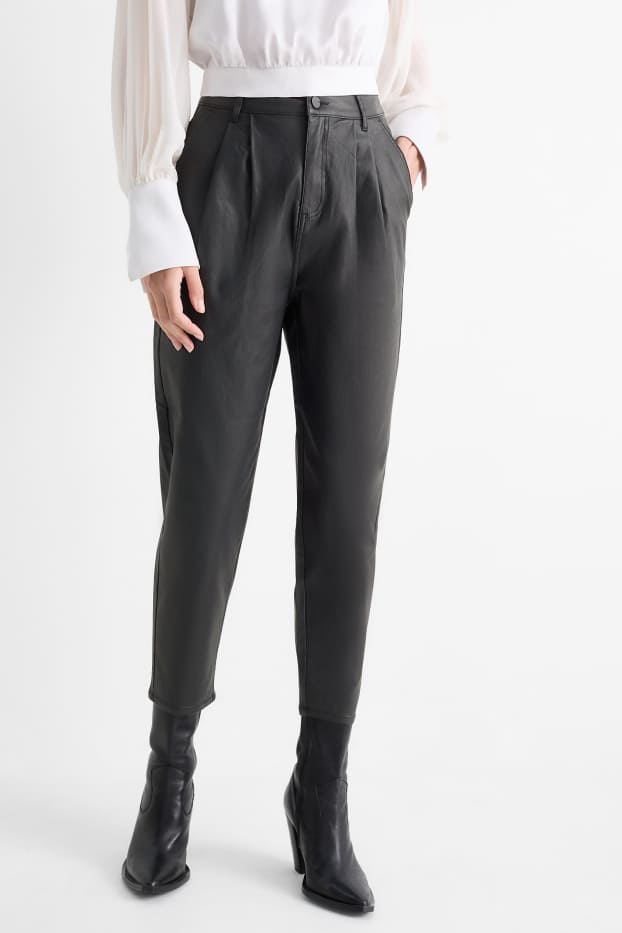 Dámské - Plátěné kalhoty - high waist - tapered fit - černá