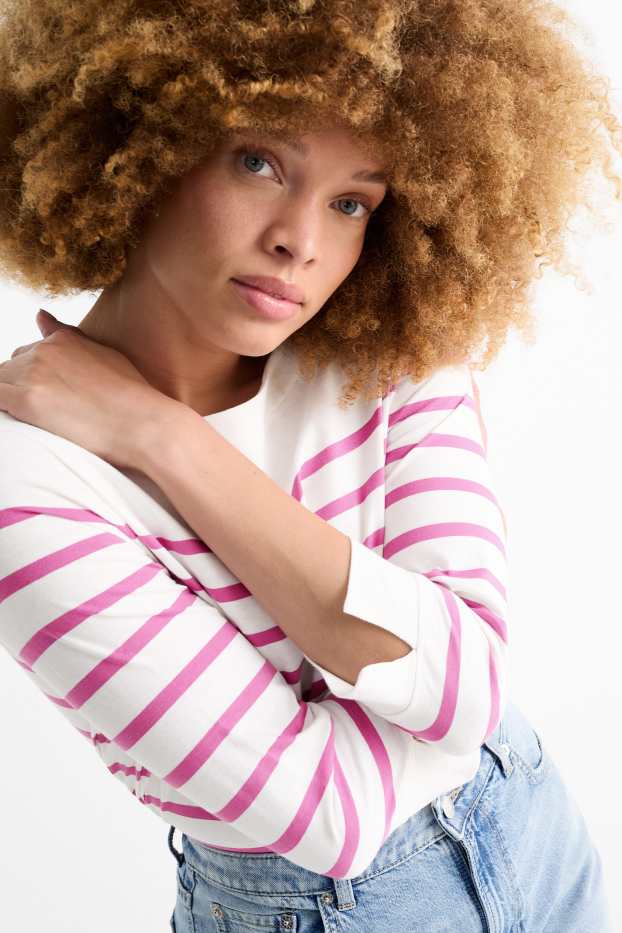 Women - Basic long sleeve top - striped - white