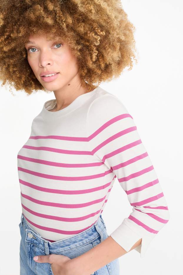 Women - Basic long sleeve top - striped - white