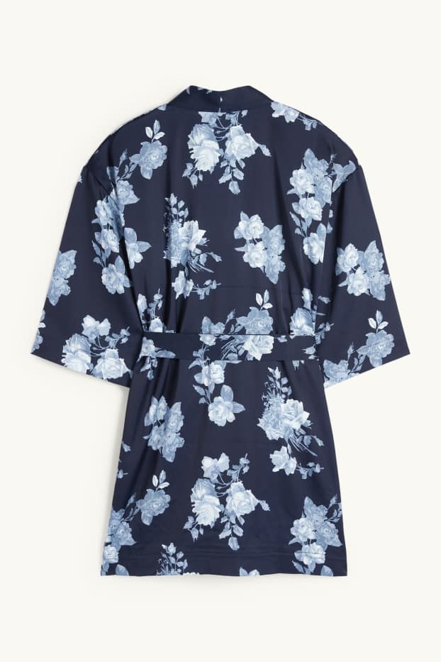 Femmes - Kimono de satin - à fleurs - bleu foncé