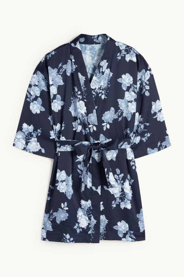 Femmes - Kimono de satin - à fleurs - bleu foncé