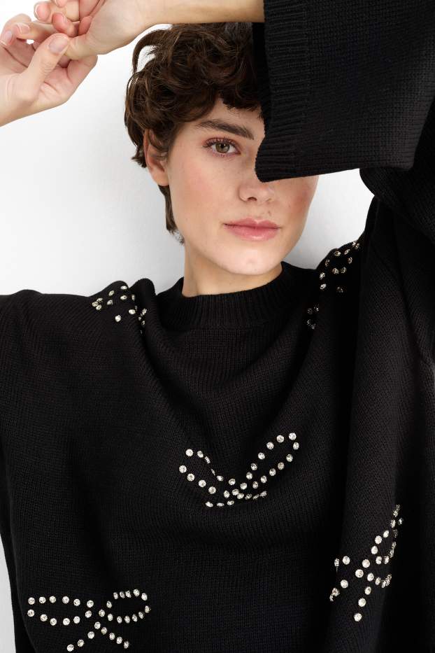 Women - Jumper with rhinestones - black