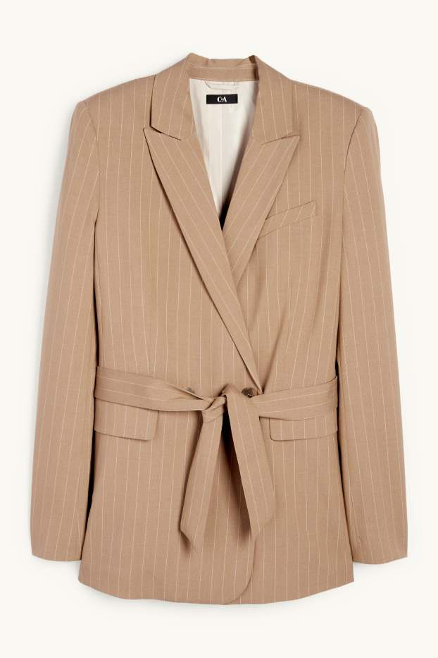 Dames - Lange blazer - regular fit - krijtstrepen - beige