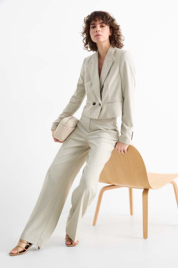 Femmes - Pantalon de bureau - high waist - wide leg - finition texturée - beige clair