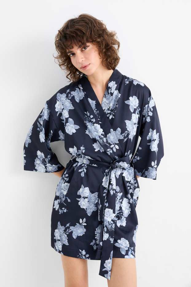 Femmes - Kimono de satin - à fleurs - bleu foncé