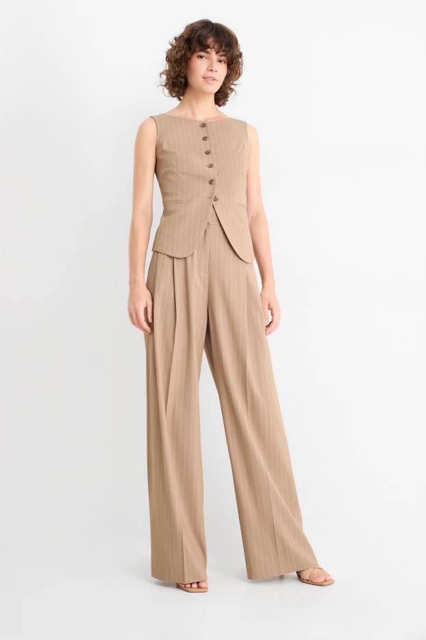Women - Business trousers - mid waist - wide leg - pinstripes - light brown