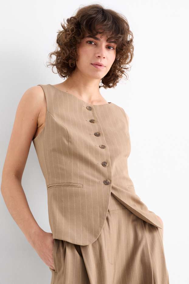 Femei - Vestă office - dungi fine - maro deschis