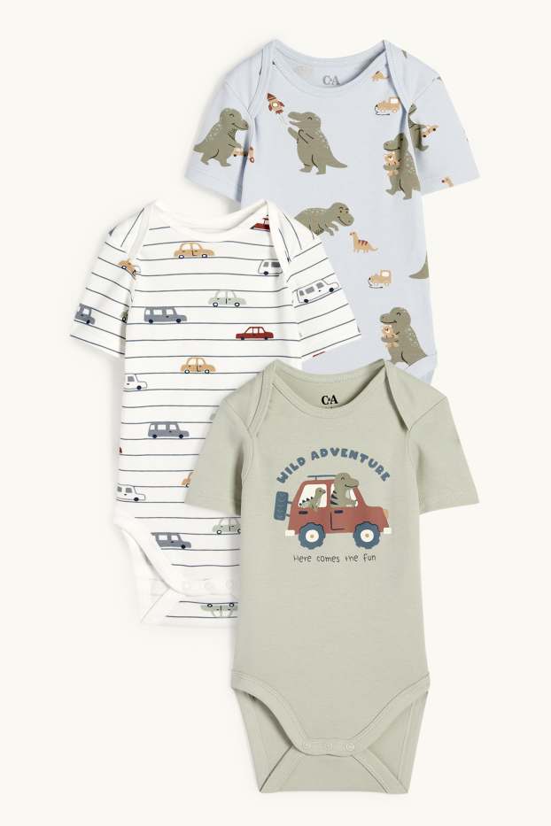 Baby Jungen - Multipack 3er - Dino und Auto - Baby-Body - blau