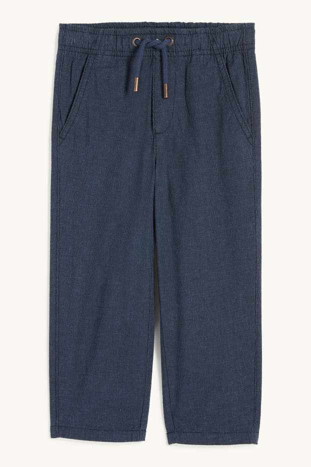 Děti - chlapci - Plátěné kalhoty s lněným podílem - kostkované - tmavomodrá