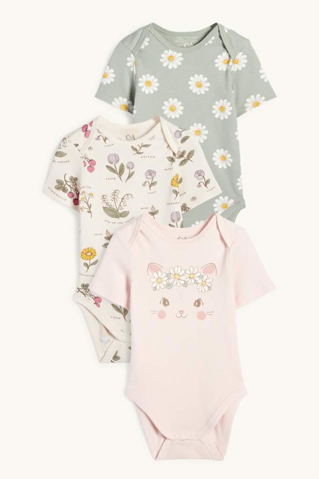Neonate - Confezione da 3 - fiorellini e gattino - body per neonate - rosa