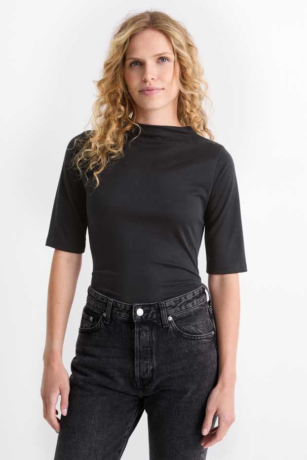 Femmes - Haut à manches longues - finition côtelée - noir