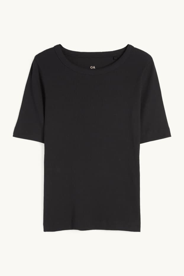 Dámské - Tričko basic - slim fit - žebrované - černá