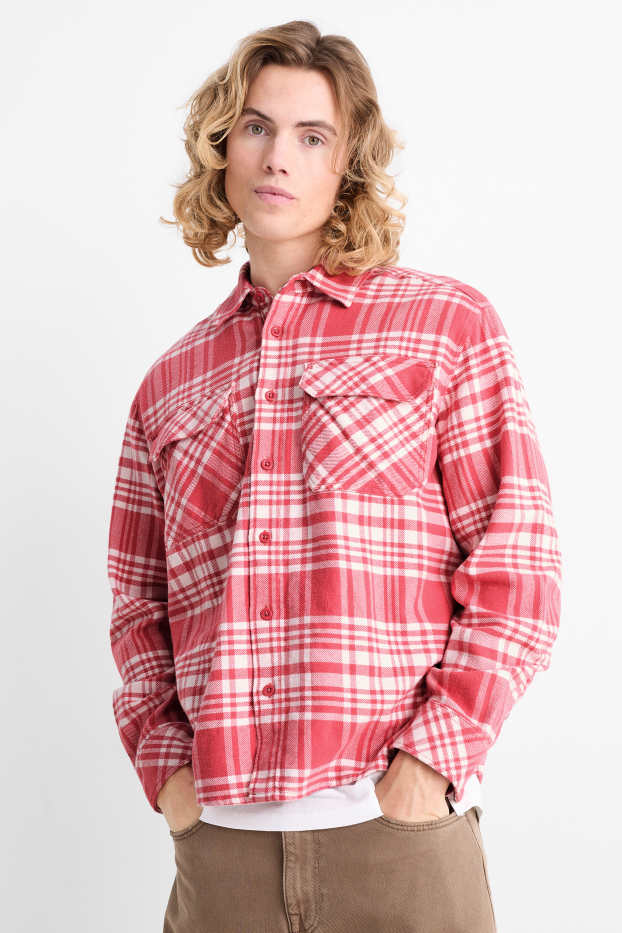 Men - Flannel shirt - regular fit - kent collar - check - pink