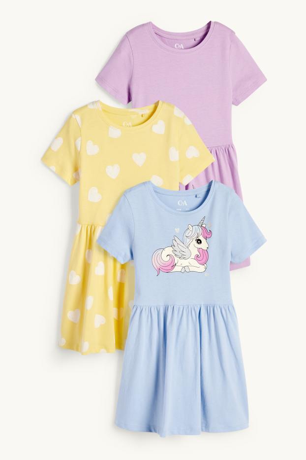 Enfants filles - Lot de 3 - licornes et cœurs - robes - bleu clair