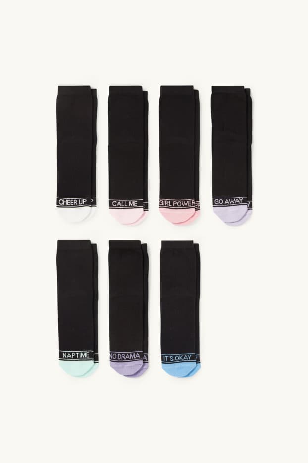 Children Girls - Multipack of 7 - lettering - socks with motif - black
