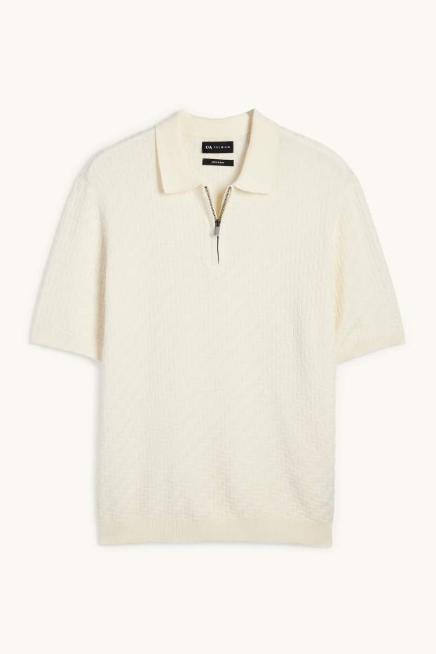 Herren - Strick-Poloshirt mit Leinen-Anteil - Regular Fit - cremeweiß