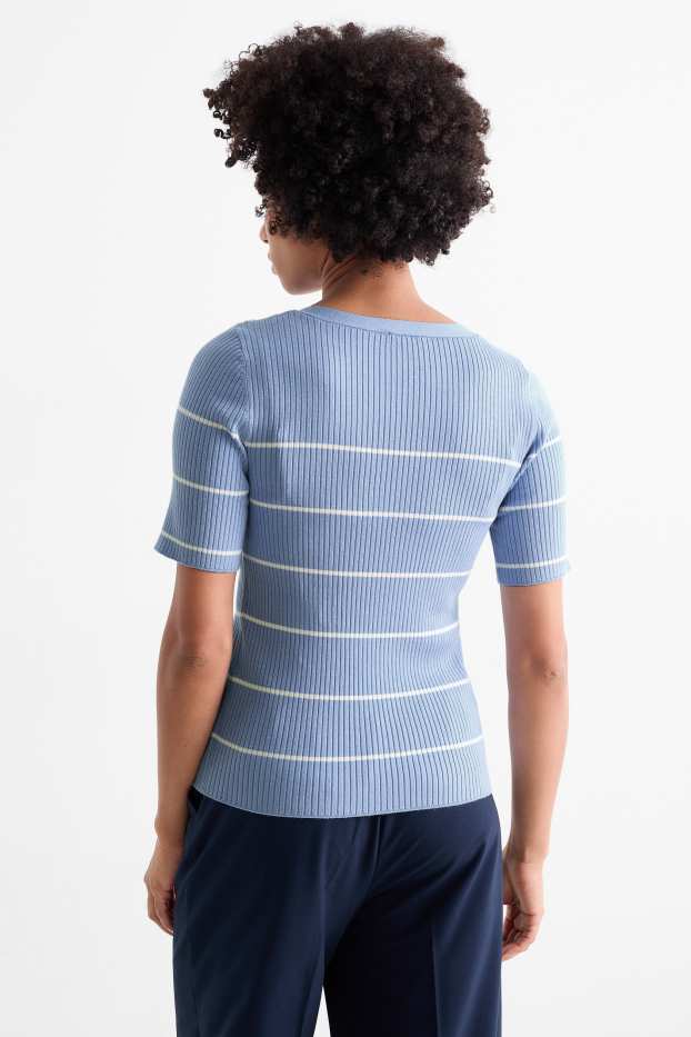 Femmes - Pull - finition côtelée - à rayures - bleu clair