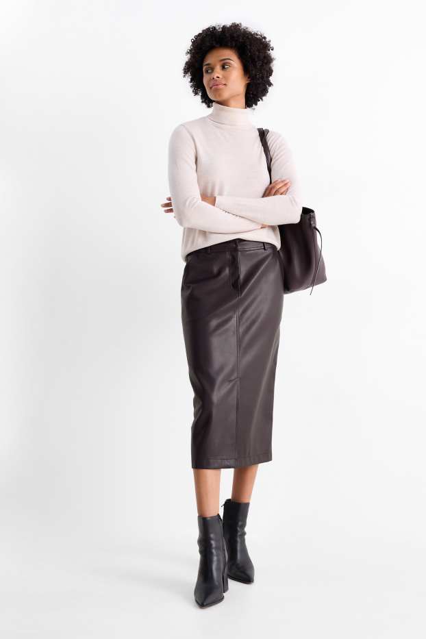 Dámské - Sukně - imitace kůže - tmavohnědá