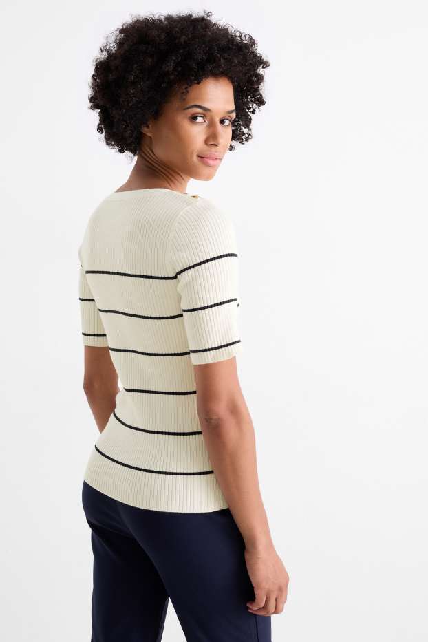 Femmes - Pull - finition côtelée - à rayures - blanc crème