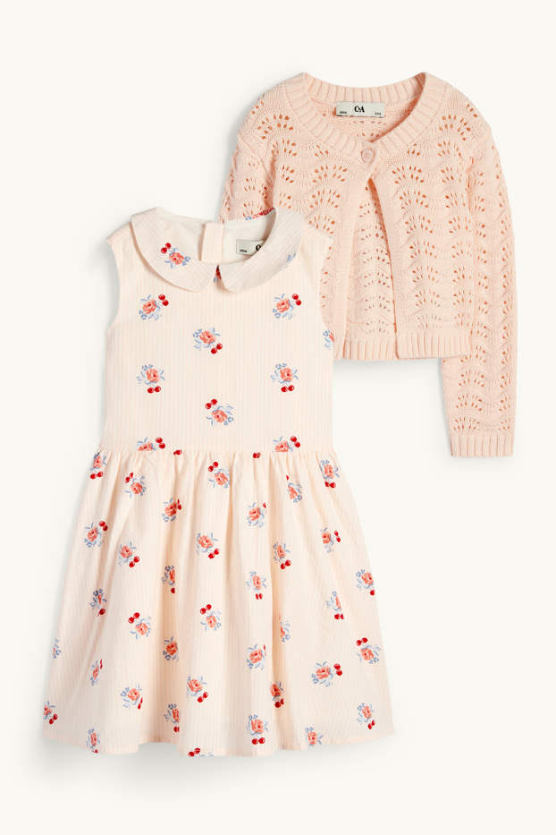 Children Girls - Flower and cherry - set - cardigan and dress - 2 piece - blue / dark green