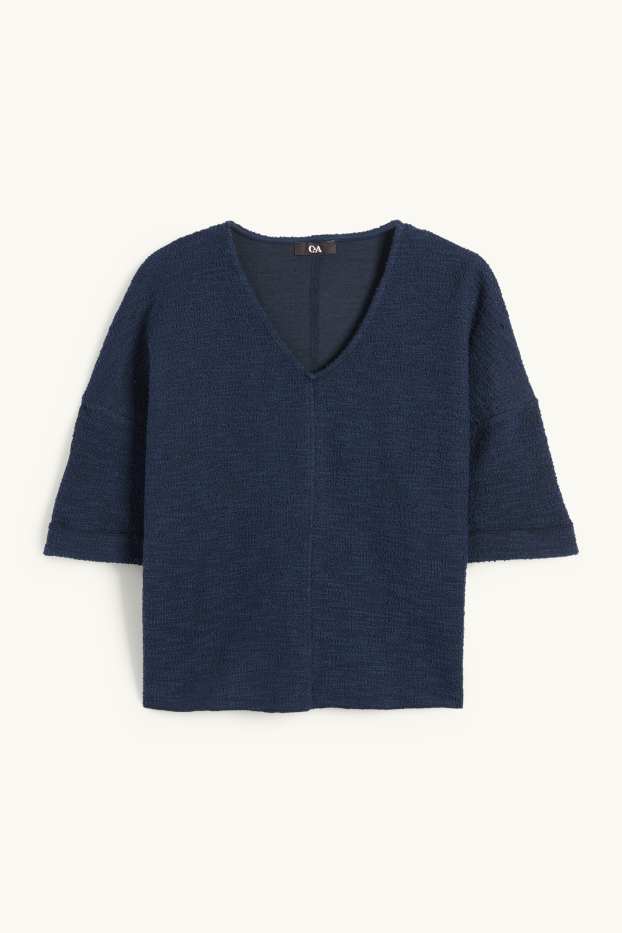 Femmes - T-shirt en bouclé à col V - bleu foncé