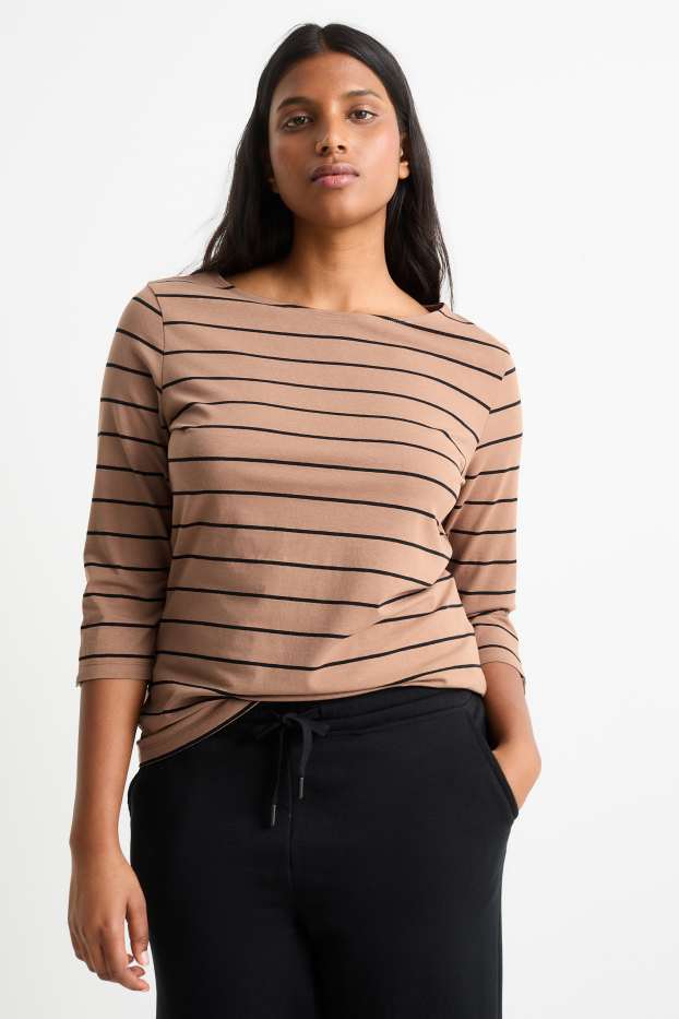 Donna - Maglia a maniche lunghe - a righe - marrone chiaro