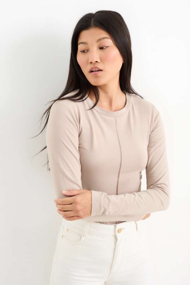 Damen - Basic-Langarmshirt - hellbeige