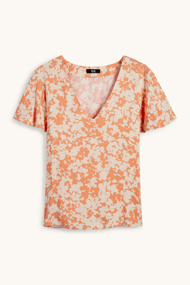 Damen - Bluse mit V-Ausschnitt - geblümt - orange