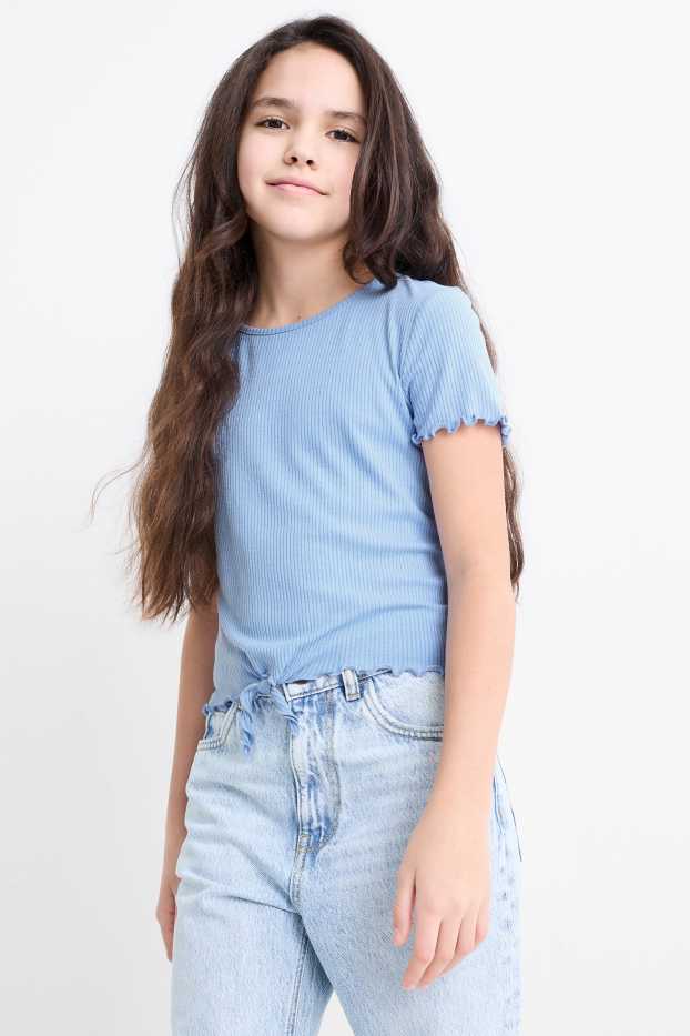 Enfants filles - Lot de 3 - T-shirts noués - côtelés - bleu