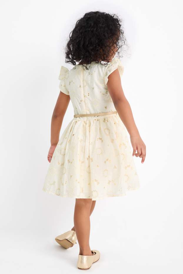 Children Girls - Dress with belt - floral - light beige