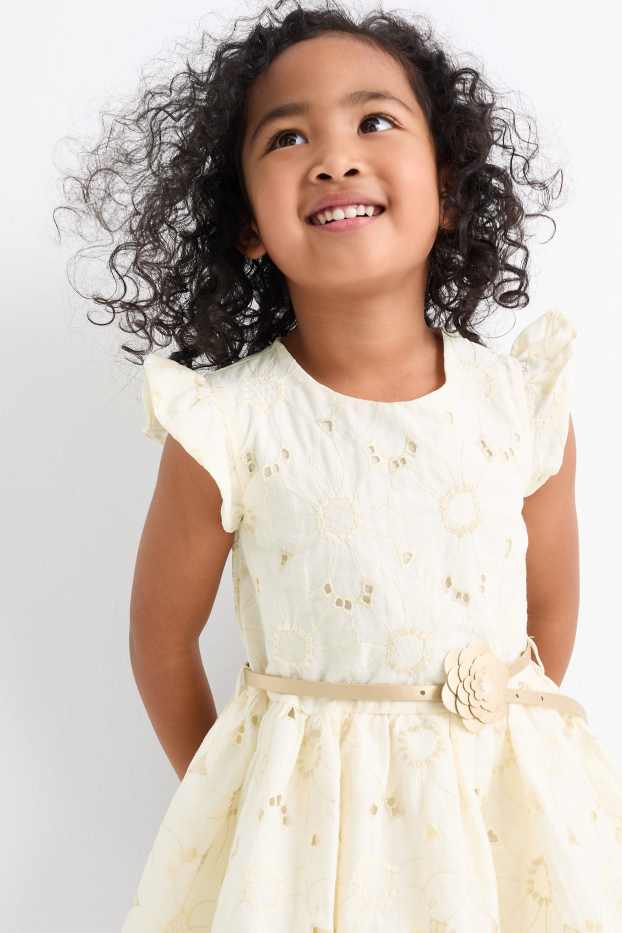 Children Girls - Dress with belt - floral - light beige