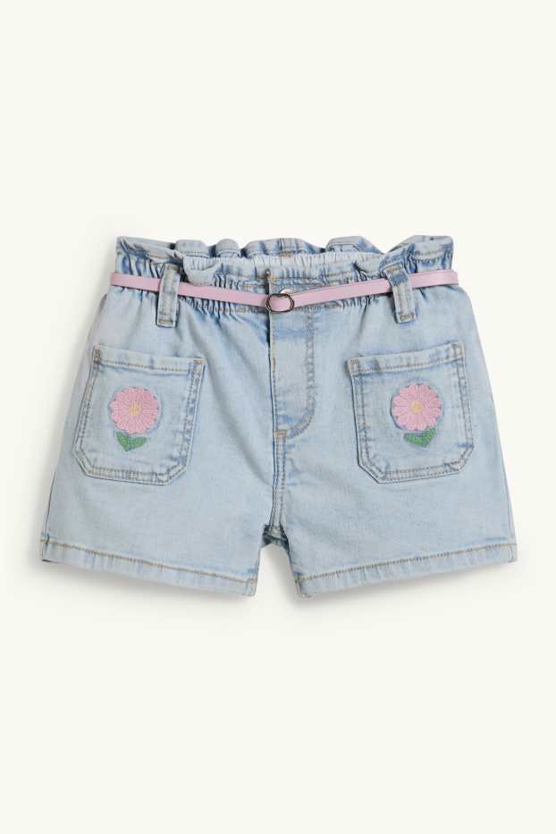 Bambine - Fiori - shorts di jeans con cintura - jeans azzurro