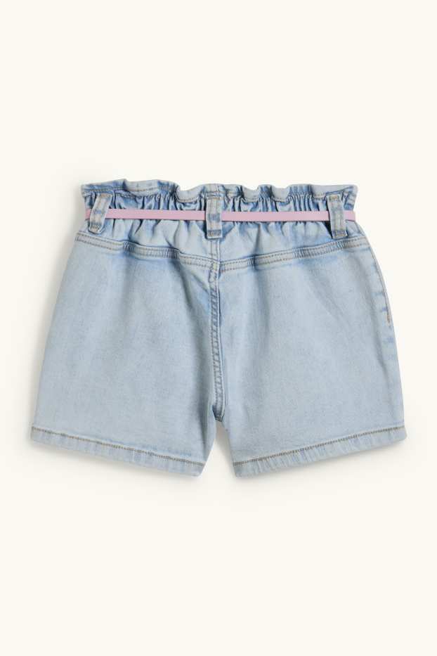 Bambine - Fiori - shorts di jeans con cintura - jeans azzurro