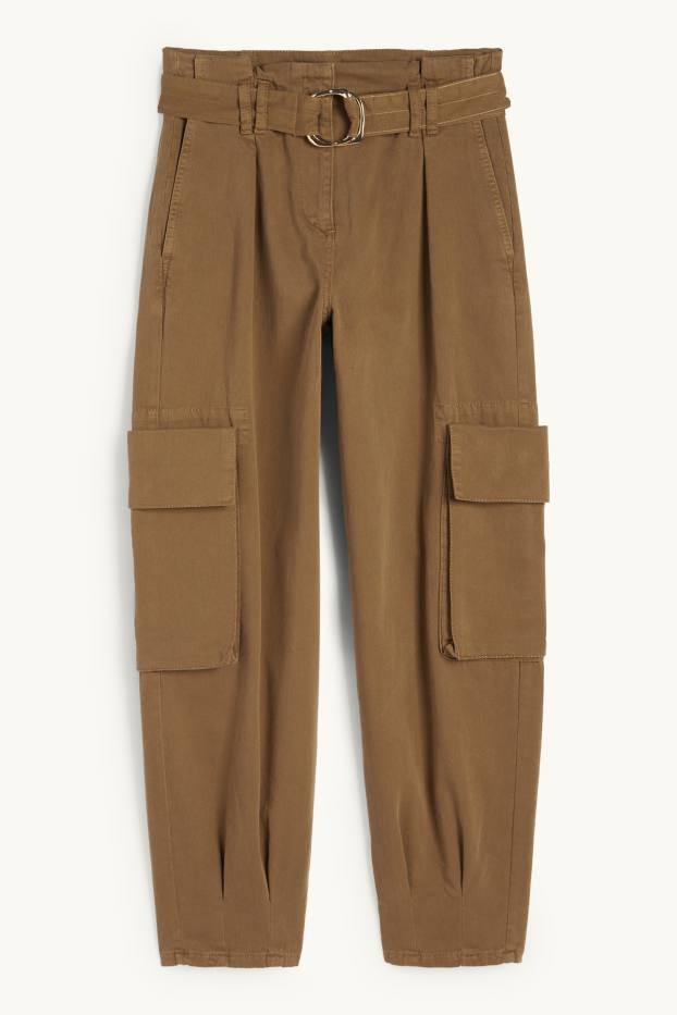 Damen - Cargohose mit Gürtel - High Waist - Tapered Fit - khaki