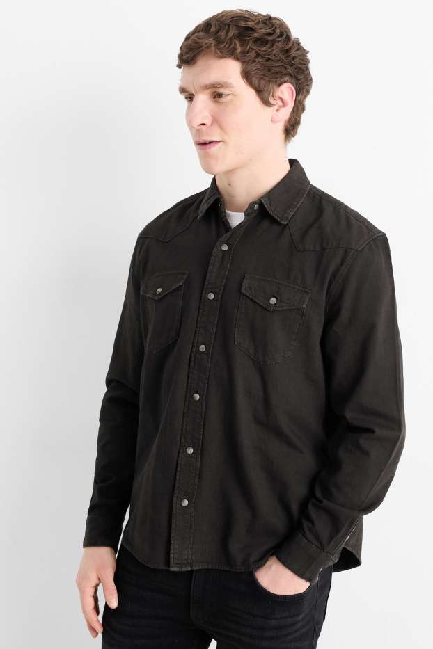 Bărbați - Cămașă din denim - regular fit - guler Kent - negru